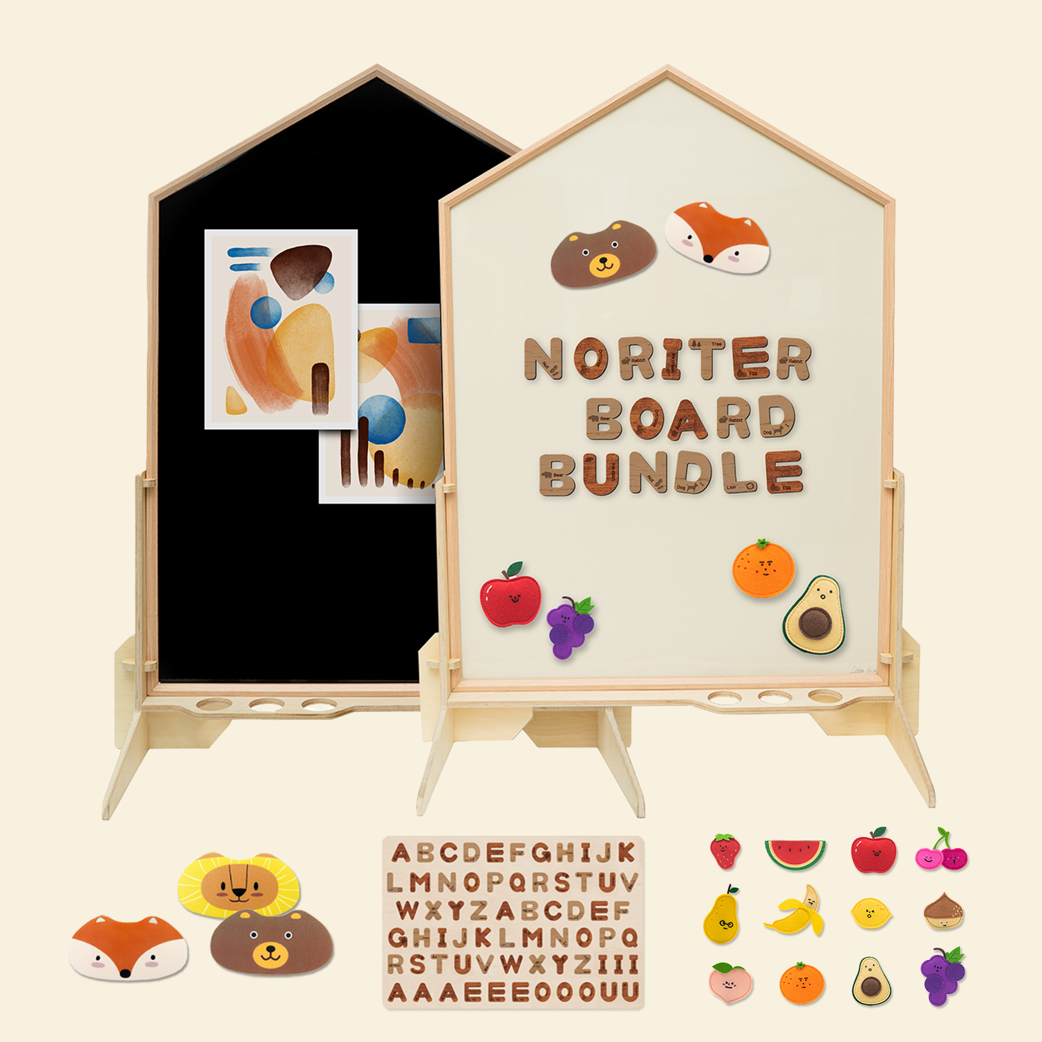 Noriter Project Fruit Bundle | Double-Sided Magnetic Board Fruit Bundle with Wooden Frame | Educational Fruit Magnet Set for Kids Learning and Sensory Play | Magnetic Whiteboard | Magnetic Blackboard
